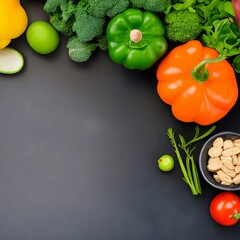 Fresh vegetables on black background. Healthy food concept. Top view with copy space