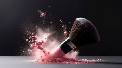 Cosmetic brush with pink powder in motion spreading on black background. No people. Cosmetic Background concept. Illustration. Generative AI
