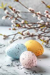 Poster and banner template with decorated eggs on a plain concrete background with a blooming spring twig. Festive egg hunt. Layout design for invitation, card, menu, flyer, banner, poster, voucher.