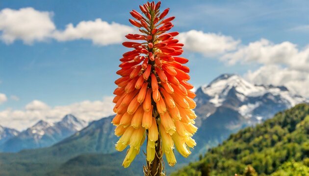 single stem with bright orange flowers of the red hot poker kniphofia also called tritoma or torch lily isolated