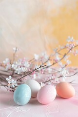 Poster and banner template with decorated eggs on a plain pink concrete background with a blooming spring twig. Festive egg hunt. Layout design for invitation, card, menu, flyer, banner, poste.