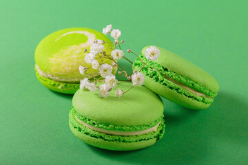Green monochrom food background with french macaroons and flowers. Close up of macarons cakes....