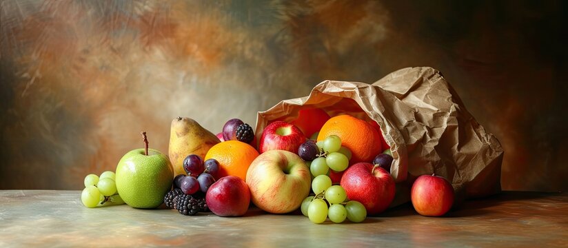 This painting depicts a bag overflowing with a variety of colorful fruits, such as apples, oranges, bananas, and grapes. The fruits are realistically painted, providing a vibrant and lively