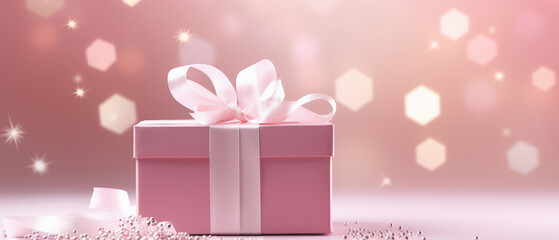 paquete regalo rosa decorado con un lazo del mismo color sobre fondo bokeh dorado y rosa