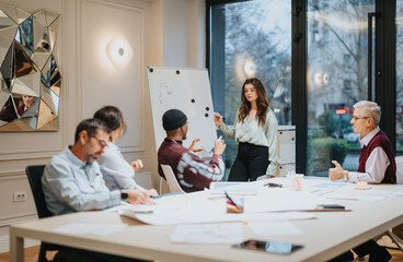 Focused team members in a light-flooded office during a business presentation. The professional atmosphere is clear as a dedicated woman leads the discussion.