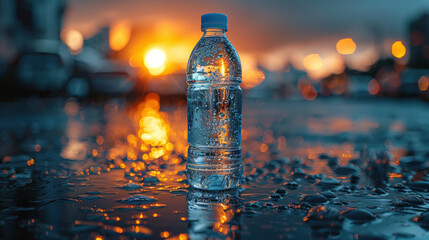 A bottle of pure mineral water against the backdrop of an evening cityscape.