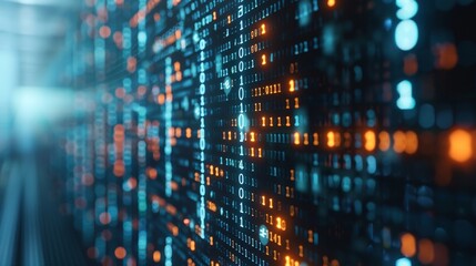 Pixelated digital data stream with binary code and encryption concept, red and blue glowing dots