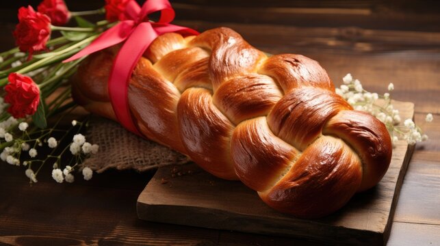 Easter plaited bread with a red bow on the table, easter celebration concept