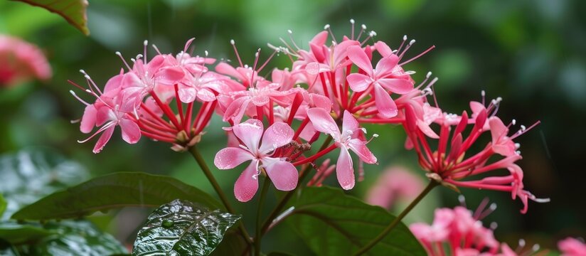 A cluster of pink flowers with delicate green leaves, blooming vibrantly. These flowers belong to the Clerodendrum wallichii Merr plant, also known as Nodding Clerodendron, which thrives during the