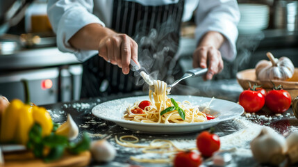 Chef cooking pasta dish with ingredients in kitchen