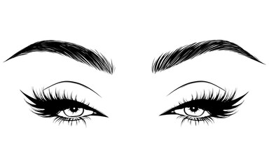 Vector Beautiful Female Eyes with Long Black Eyelashes and Brows close up. Makeup, beauty salon symbol. Woman Lashes