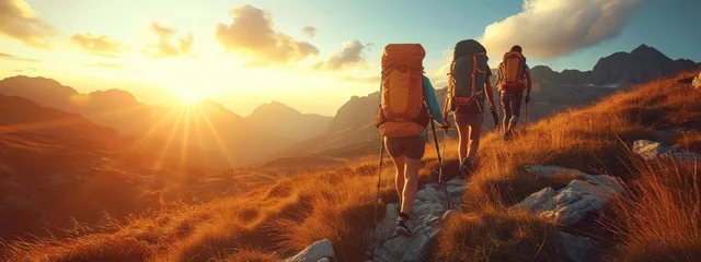 Foto op Canvas Mountain travel hike people adventure man summer journey tourism group sunset trekking. Hike travel woman mountain walk active backpack nature together sport young trail outdoor tourist hiker person © Максим Зайков