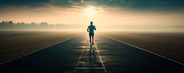A runner in solitude on a misty, sunlit road, embodying determination and endurance. Wide shot,...