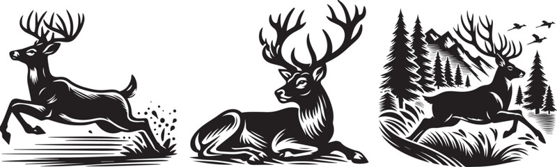 deer full silhouette lying and running laser cutting engraving - obrazy, fototapety, plakaty