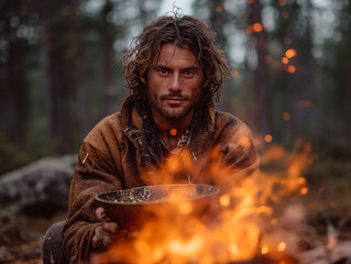 Bushcraft Mastery: Man by the Fire. Skilled bushcrafter kindles a fire in the forest, showcasing survival skills. 