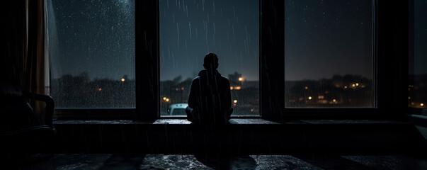 Obraz na płótnie Canvas Alone, a man sits by a window veiled by the night's rain, distant city lights punctuating the darkness. conveys a poignant blend of reflection and stark isolation felt even within the urban sprawl.