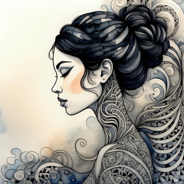Minimalist black-haired lady profile with Woman Zentangle patterns, intricate ink strokes, and soft watercolor tones against a dark, abstract background.