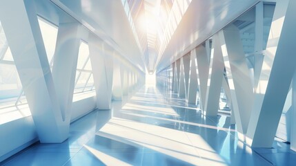 Sunlit modern hallway with geometric design and a view to the sky. Bright and spacious walkway with a futuristic architectural perspective. Symmetrical pattern and light play