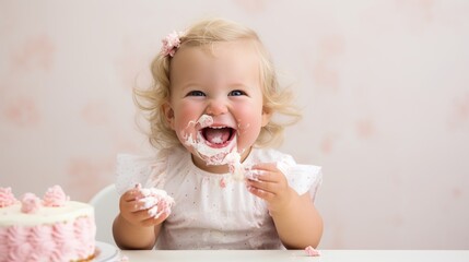 Blonde toddler laughing with cake on face. Smiling toddler with cake during a birthday party. Cheerful young girl celebrating with a pink birthday cake.