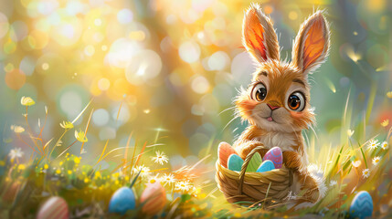 illustration of the Easter bunny holding a large Easter egg, with a surprised expression