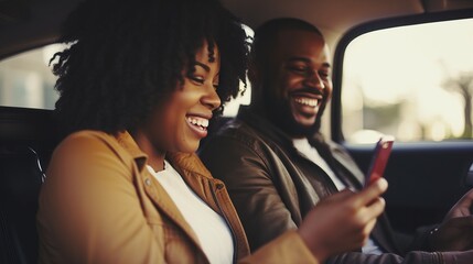 Close-up on an African American couple using the GPS on a cell phone while driving a car - lifestyle concept.



