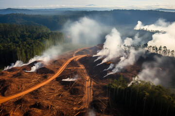 Aerial view of a forest fire in the middle of the forest