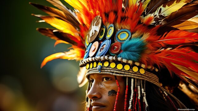 Colorful headdress of an indian Kaiapo tribe made of feathers of amazonian birds pictured during Belem+30 event in Belem. The Kayapo tribe lives alongside the Xingu River at southern Para State in the