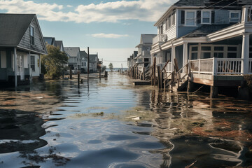 Waterfront homes on a flooded street in the town. Flooded coastal area due to sea level rising