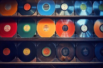 Vinyl records in a shop window. Retro style toned picture