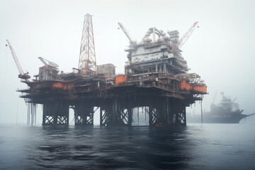 Oil and gas drilling platform in the middle of a foggy sea.