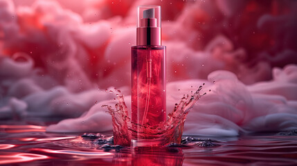 Red bottle of women's perfume in splashes of water