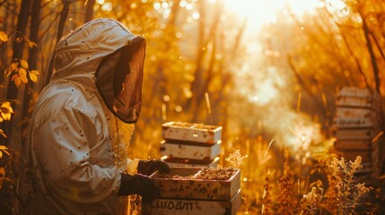 beekeeper caring for bees in an open place, beekeeping concept generative ai - obrazy, fototapety, plakaty