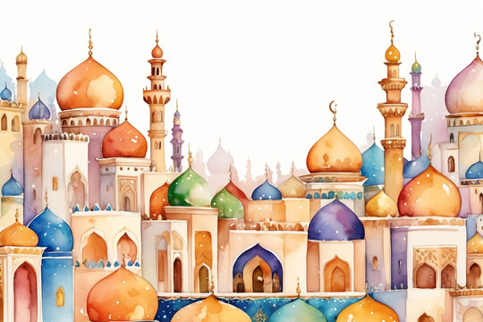 Arabic city from Tales from the Thousand and One Nights in watercolor painted style