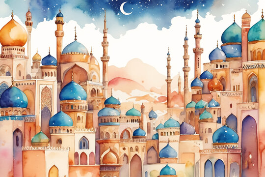 Arabic city from Tales from the Thousand and One Nights in watercolor painted style