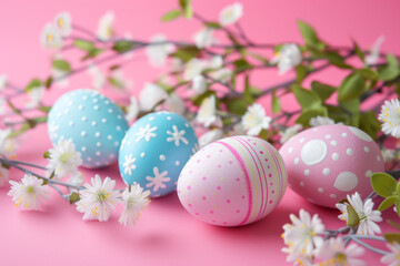 Easter eggs and spring flowers on pink background. Happy Easter concept.
