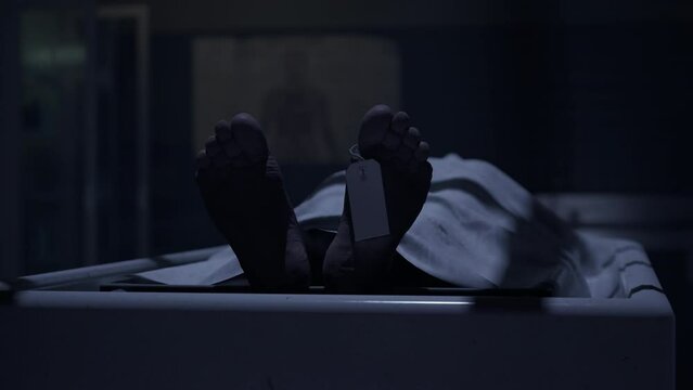 Two doctors standing in fron of a corpse in the morgue and ready to execute an autopsy