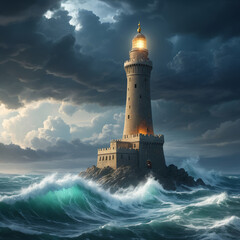 Lighthouse in stormy weather in sea, ai generated image