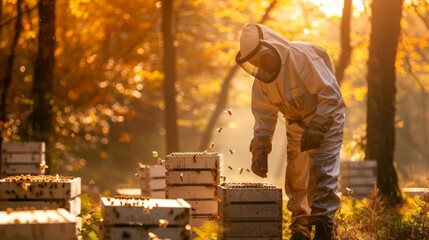 beekeeper caring for bees in an open place, beekeeping concept generative ai