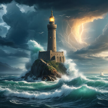 Lighthouse in stormy weather in sea, ai generated image
