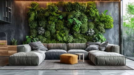 Modern living room interior biophilic design with vertical garden wall - obrazy, fototapety, plakaty