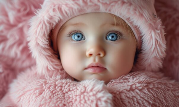 Cute baby girl in pink fur coat with big blue eyes looking directly at the camera