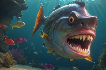 Fearful piranha with teeth and open mouth in water