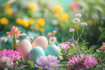 Fototapeta na wymiar Easter eggs and spring flowers in the garden. Easter background. 