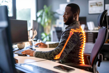 african american man working on computer in office, neon light
 - obrazy, fototapety, plakaty