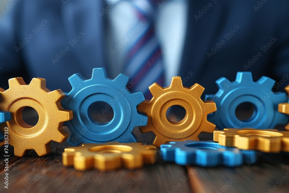Poster a businessman's conceptual representation of teamwork and strategy with interlocking blue and gold g