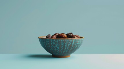 Bowl with dried dates on solid color background generative ai