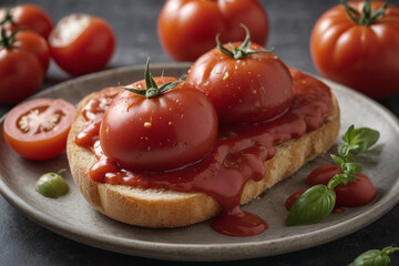 Fototapeta na wymiar Red fresh tomato and tomato sauce