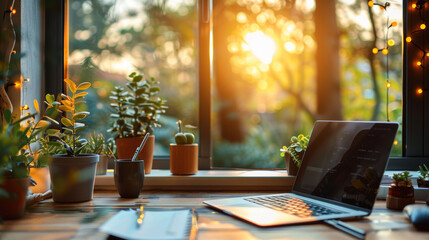 Naklejka na ściany i meble Sunset-lit home office with laptop, notepad, and potted plants for a calming workspace.