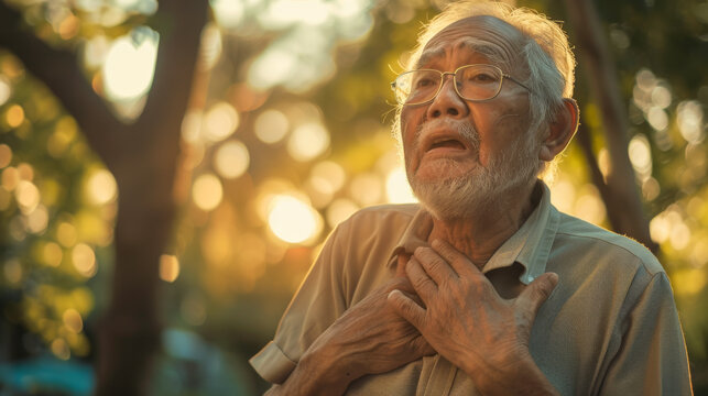 Portrait of senior asian man suffering from heart attack in the park.
