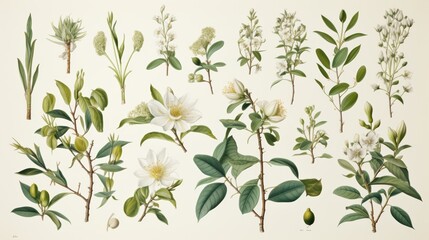 Botanical drawing showcasing a variety of herbal plants with flowers and leaves on white.